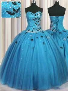 New Style Baby Blue Sleeveless Beading and Appliques Floor Length Quinceanera Dress