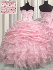 Baby Pink Organza Lace Up Sweetheart Sleeveless With Train 15 Quinceanera Dress Brush Train Beading and Ruffles and Pick Ups