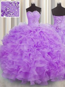 Clearance Organza Sweetheart Sleeveless Lace Up Beading and Ruffles Quince Ball Gowns in Lilac