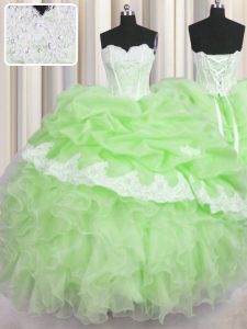 Super Sleeveless Organza Floor Length Lace Up Ball Gown Prom Dress in Green with Beading and Ruffles and Pick Ups