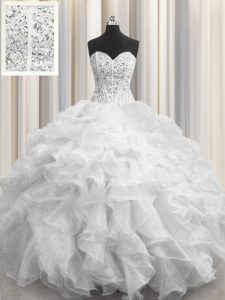 Exquisite Visible Boning White Organza Lace Up Quinceanera Gowns Sleeveless Floor Length Beading and Ruffles