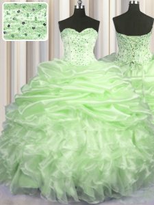 Yellow Green Lace Up Quince Ball Gowns Beading and Ruffles and Pick Ups Sleeveless With Brush Train