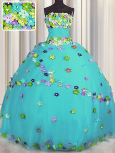 Fashion Tulle Strapless Sleeveless Lace Up Hand Made Flower Quinceanera Dresses in Aqua Blue