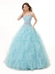 Sleeveless Organza Floor Length Lace Up Quinceanera Gown in Light Blue with Beading and Ruffles