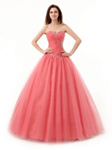 Affordable Watermelon Red Tulle Lace Up Quinceanera Gowns Sleeveless Floor Length Beading and Ruching