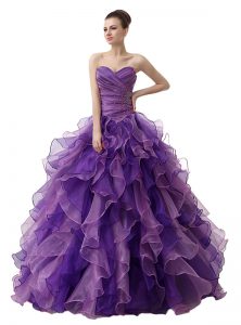 Purple Sleeveless Floor Length Beading and Ruffles and Ruching Lace Up Sweet 16 Quinceanera Dress