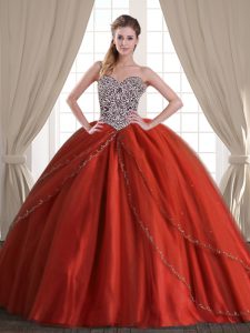 Captivating Sweetheart Sleeveless Sweet 16 Dresses With Brush Train Beading Rust Red Tulle