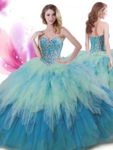 Stunning Multi-color Lace Up Sweetheart Beading and Ruffles Quinceanera Dress Tulle Sleeveless