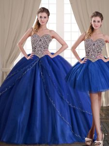Three Piece Royal Blue Sleeveless Tulle Lace Up Quinceanera Gowns for Military Ball and Sweet 16 and Quinceanera