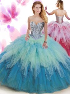 Custom Design Sweetheart Sleeveless Quince Ball Gowns Floor Length Beading and Ruffles Multi-color Tulle