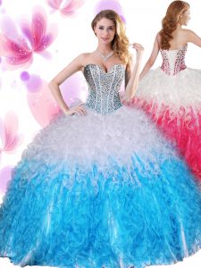 Flare Sleeveless Floor Length Beading and Ruffles Lace Up Quinceanera Gown with Blue And White