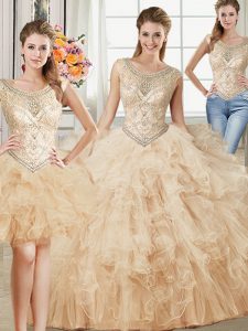 Three Piece Scoop Floor Length Champagne Sweet 16 Quinceanera Dress Tulle Sleeveless Beading and Ruffles