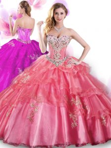 Classical Coral Red Sweetheart Lace Up Beading and Appliques 15 Quinceanera Dress Sleeveless