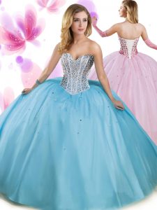 Sleeveless Tulle Floor Length Lace Up Quinceanera Gowns in Aqua Blue with Beading