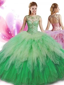 Top Selling Tulle Scoop Sleeveless Zipper Beading and Ruffles Quinceanera Gowns in Multi-color