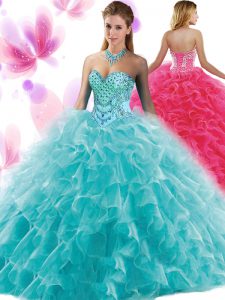 Teal Quinceanera Gown Military Ball and Sweet 16 and Quinceanera and For with Beading and Ruffles Sweetheart Sleeveless Lace Up