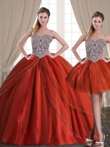 Noble Three Piece Rust Red Tulle Lace Up Quinceanera Dresses Sleeveless With Brush Train Beading