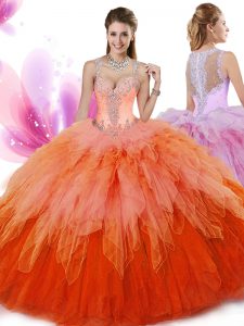 Low Price Sleeveless Tulle Floor Length Zipper Ball Gown Prom Dress in Multi-color with Beading and Ruffles