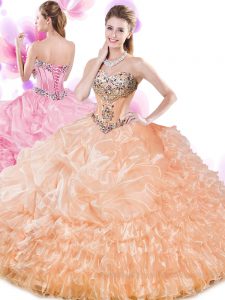 Orange Organza Lace Up Sweetheart Sleeveless Floor Length Sweet 16 Quinceanera Dress Beading and Ruffled Layers and Pick Ups