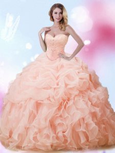 Low Price Sleeveless With Train Beading and Ruffles and Pick Ups Lace Up 15 Quinceanera Dress with Peach Brush Train