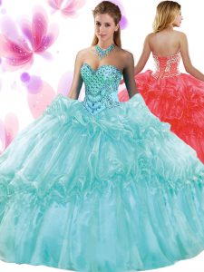 Best Selling Aqua Blue Ball Gowns Sweetheart Sleeveless Organza Floor Length Lace Up Pick Ups Quinceanera Court of Honor Dress