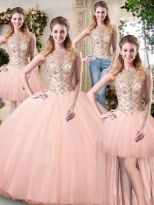 New Style Floor Length Peach Sweet 16 Dress Scoop Sleeveless Lace Up
