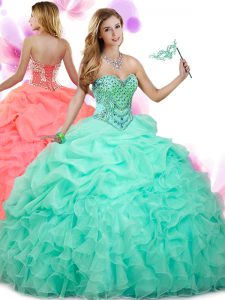 Elegant Apple Green Sweetheart Neckline Beading and Ruffles and Pick Ups 15th Birthday Dress Sleeveless Lace Up