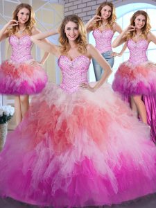 Sexy Four Piece Sweetheart Sleeveless Tulle Sweet 16 Dress Beading and Ruffles Lace Up