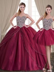 Cheap Three Piece Burgundy Lace Up Quinceanera Dresses Beading Sleeveless Floor Length