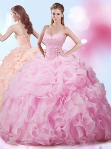 Beautiful Rose Pink Organza Lace Up Quinceanera Dress Sleeveless With Brush Train Beading and Ruffles and Pick Ups