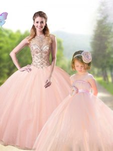 Shining Scoop Sleeveless Tulle Floor Length Lace Up Sweet 16 Quinceanera Dress in Peach with Beading