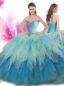 Multi-color Tulle Lace Up Court Dresses for Sweet 16 Sleeveless Floor Length Beading and Ruffles