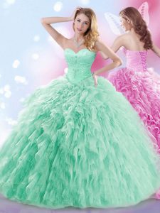 Hot Selling With Train Apple Green 15th Birthday Dress Sweetheart Sleeveless Brush Train Lace Up