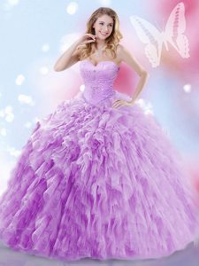 Stunning Lavender Tulle Lace Up Sweet 16 Dress Sleeveless Brush Train Beading and Ruffles