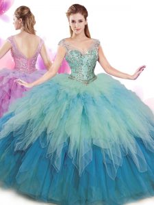 Best Selling Multi-color Cap Sleeves Floor Length Beading and Ruffles Lace Up 15 Quinceanera Dress
