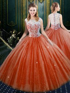 Artistic Sleeveless Floor Length Lace Zipper Quinceanera Dresses with Orange Red