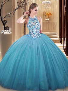 Artistic Floor Length Lace Up Sweet 16 Dress Blue for Military Ball and Sweet 16 and Quinceanera with Lace and Appliques