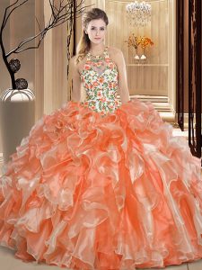 Scoop Backless Orange Sleeveless Embroidery and Ruffles Floor Length 15 Quinceanera Dress