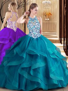 Chic Scoop Sleeveless Brush Train Lace Up Ball Gown Prom Dress Teal Tulle