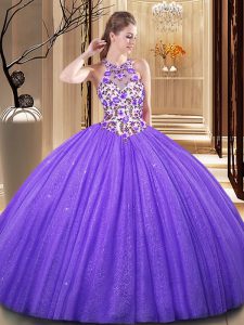 Captivating Scoop Sleeveless Tulle 15th Birthday Dress Embroidery and Sequins Backless