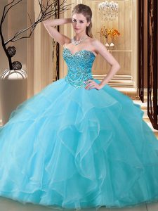 Super Floor Length Ball Gowns Sleeveless Aqua Blue Quinceanera Gowns Lace Up
