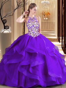 Scoop Purple Sleeveless Tulle Brush Train Lace Up Vestidos de Quinceanera for Military Ball and Sweet 16 and Quinceanera