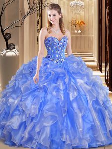 Fancy Sleeveless Floor Length Beading and Embroidery and Ruffles Lace Up Quinceanera Dress with Blue