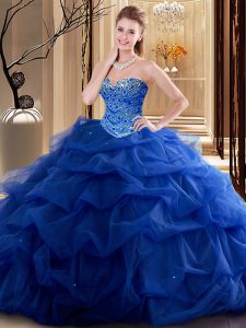 Clearance Royal Blue Tulle Lace Up Sweetheart Sleeveless Floor Length Quinceanera Dress Beading