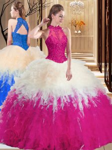 Exquisite Lace and Appliques and Ruffles 15th Birthday Dress Multi-color Backless Sleeveless Floor Length