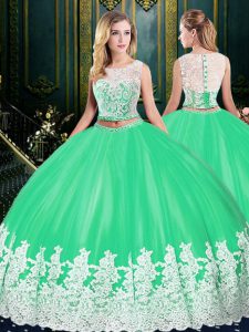 Scoop Lace and Appliques 15th Birthday Dress Apple Green Zipper Sleeveless Floor Length