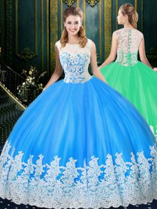 Scoop Sleeveless Quinceanera Gowns Floor Length Lace and Appliques Baby Blue Tulle