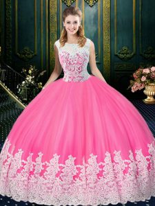 High Quality Scoop Floor Length Rose Pink Sweet 16 Quinceanera Dress Tulle Sleeveless Lace and Appliques