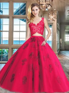 Floor Length Red Quinceanera Gown V-neck Sleeveless Zipper