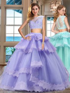 Ruffled Two Pieces Quinceanera Court of Honor Dress Lavender Bateau Tulle Cap Sleeves Floor Length Zipper